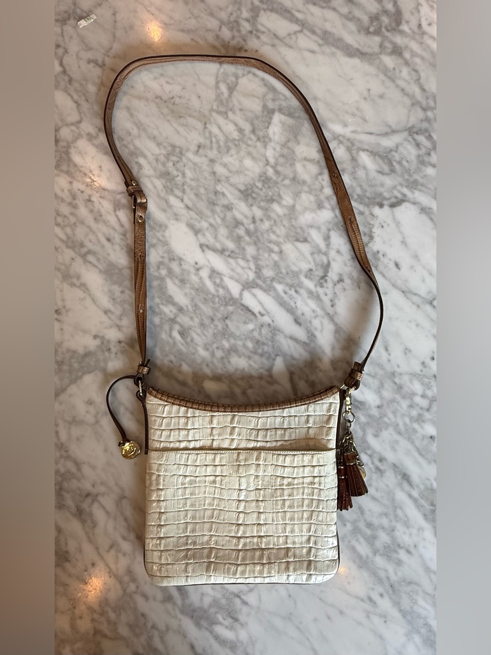 Brahmin Cream Crossbody Shoulder Bag with Brown Trim